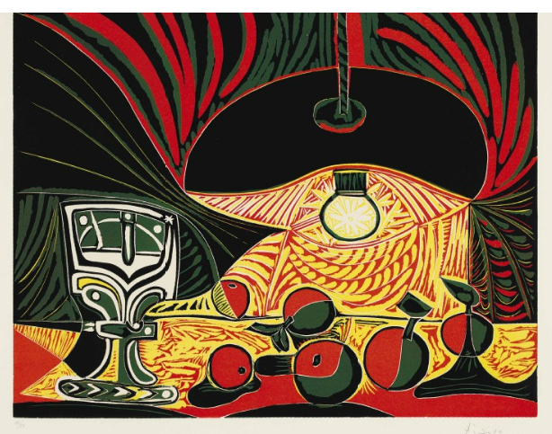 Picasso, ‘Nature Morte au Verre sous la Lampe’, 1962. Linocut in colors on Arches paperl, 622 x 749 mm. Numbered 48/50, published by Galerie Louise Leiris, Paris, 1963 / Christie’s