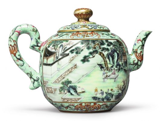 A turquoise-ground famille-rose teapot and cover, Qianlong mark and period. Length 17.5 cm / Sotheby’s Hong Kong