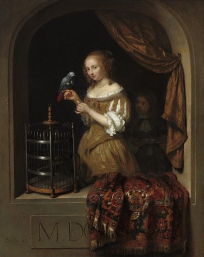 Caspar Netscher , 'Woman feeding a parrot, signed and dated ‘CNetscher. Ao. 16.66’. Oil on panel, 46 x 37 cm / Acquired by the National Gallery of Art through a gift from the Lee and Juliet Folger Fund