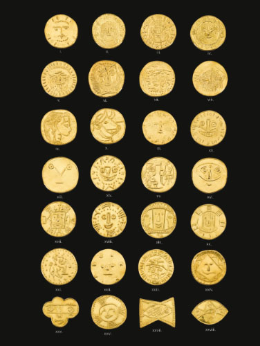 Picasso, Twenty-eight Gold Medallions based after a ceramic created by Pablo Picasso. 23 carat repoussé-ciselé gold, wooden boxes / Sotheby's
